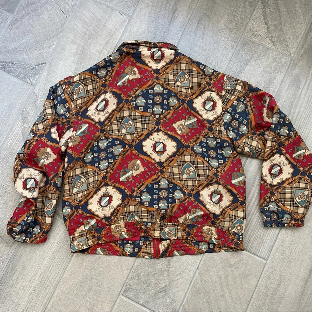 Womens 100% Silk Vintage Abstract Shield and Chains Jacket Windbreaker Medium
